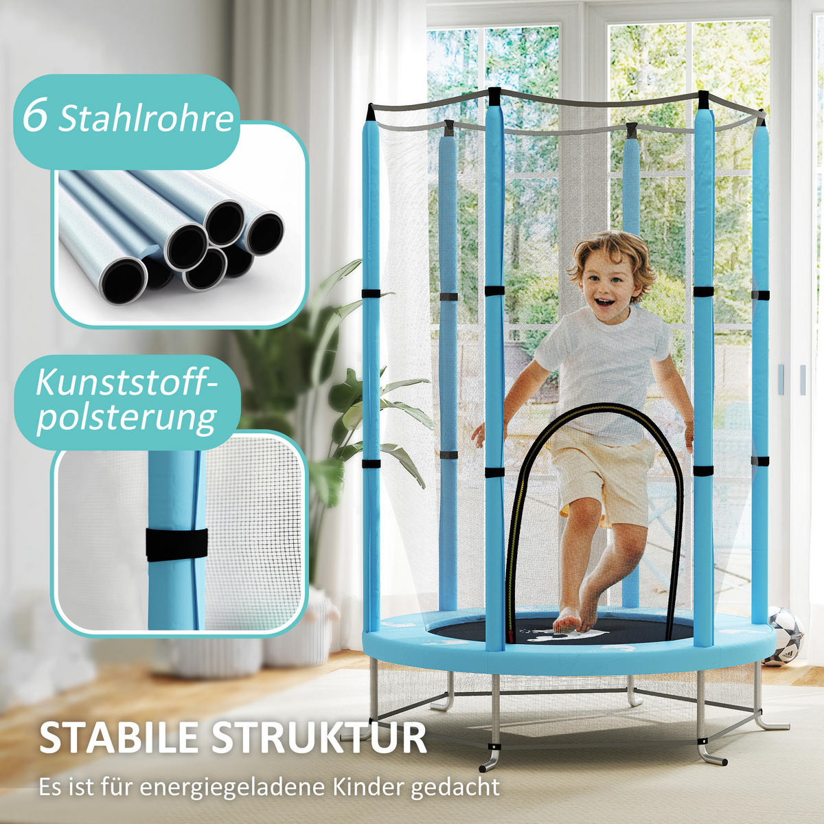 KINDER TRAMPOLIN, Hellblau, Stahl, Kunststoff - Hellblau, Metall (140/140cm) - AIYAPLAY