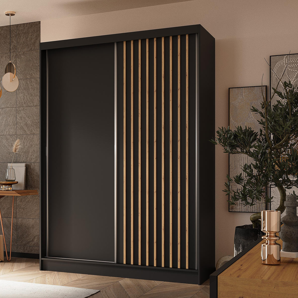 SCHWEBETÜRENSCHRANK LAMELLO 150/216/61 cm 2-türig Schwarz - Schwarz, Holzwerkstoff (150/216/61cm) - MASSENO