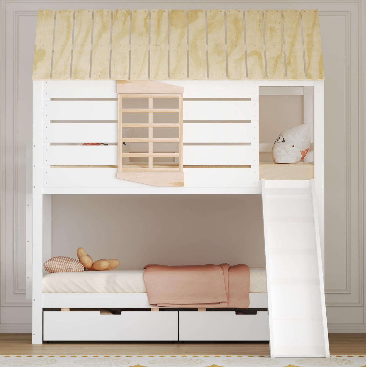 ETAGENBETT 90/200 cm weiß aus Kiefer und MDF mit Rutsche und 2 Schubladen - Weiß, Holzwerkstoff (90/200cm) - OKWISH