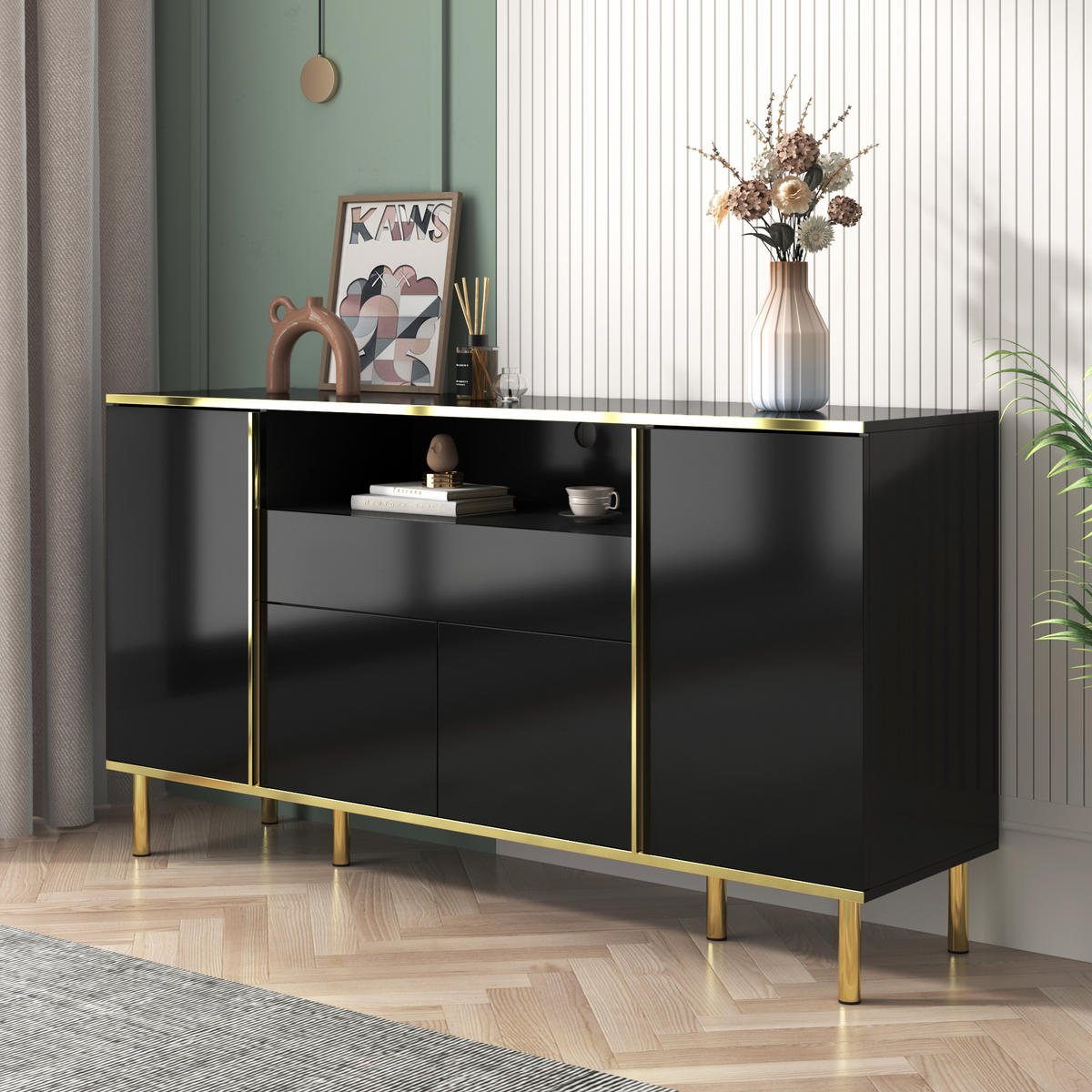 SIDEBOARD in Hochglanz Schwarz mit goldenen Akzenten, 4 Türen, 1 Schublade und LED-Beleuchtung, 150/40/80 cm, Schwarz - Schwarz, Holzwerkstoff (150/80/40cm) - Redom