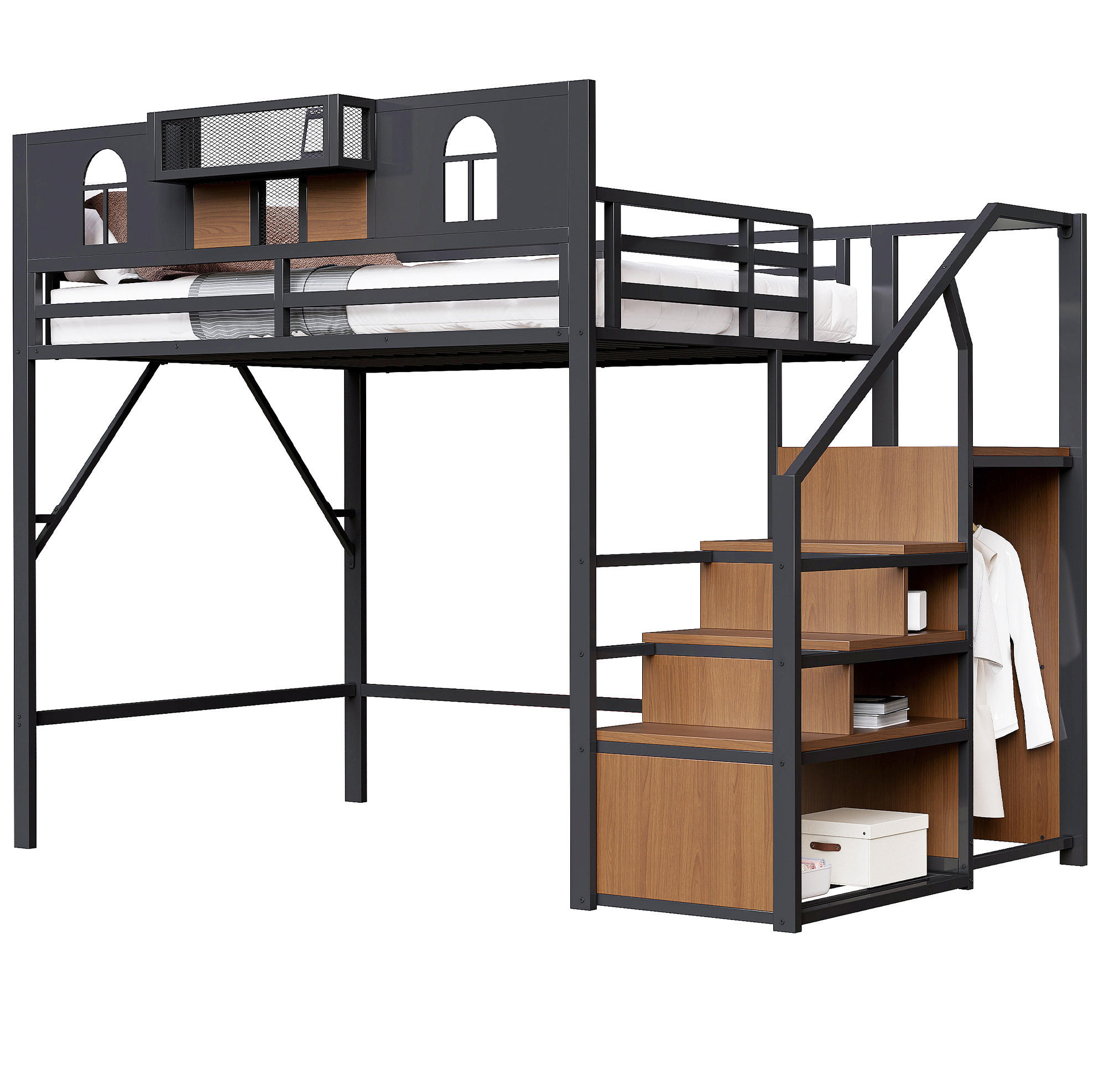 HOCHBETT 140/200 cm aus Metall/MDF mit Stauraumleiter und Ablage Schwarz - Schwarz, Metall (140/200cm) - Modenvie