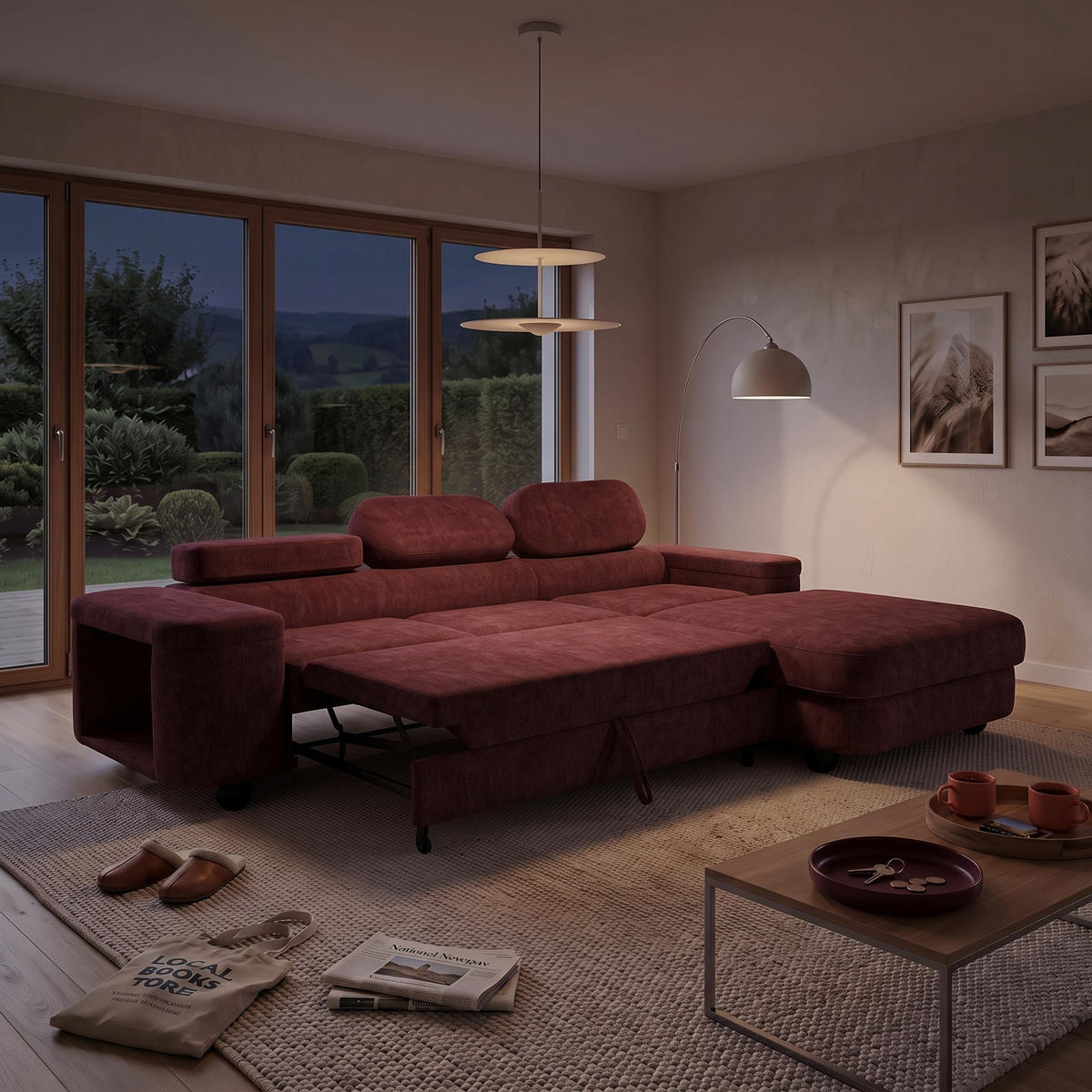 ECKSOFA LOVE L Rechts mit Schlaffunktion 124x210 Chenille Bordeaux - Bordeaux/Schwarz, Holz/Textil (205/284cm) - Muffo