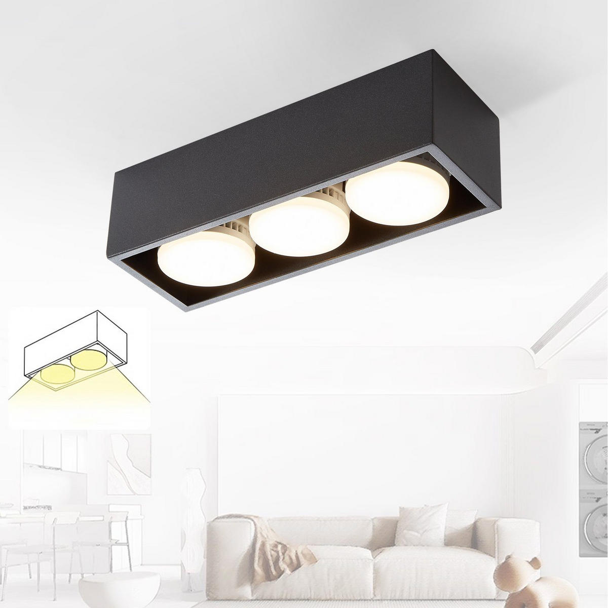 LED-DECKENLEUCHTE Harmonie 3-flammig 30/10/8 cm - Schwarz, Metall (30/10/8cm) - Nettlife