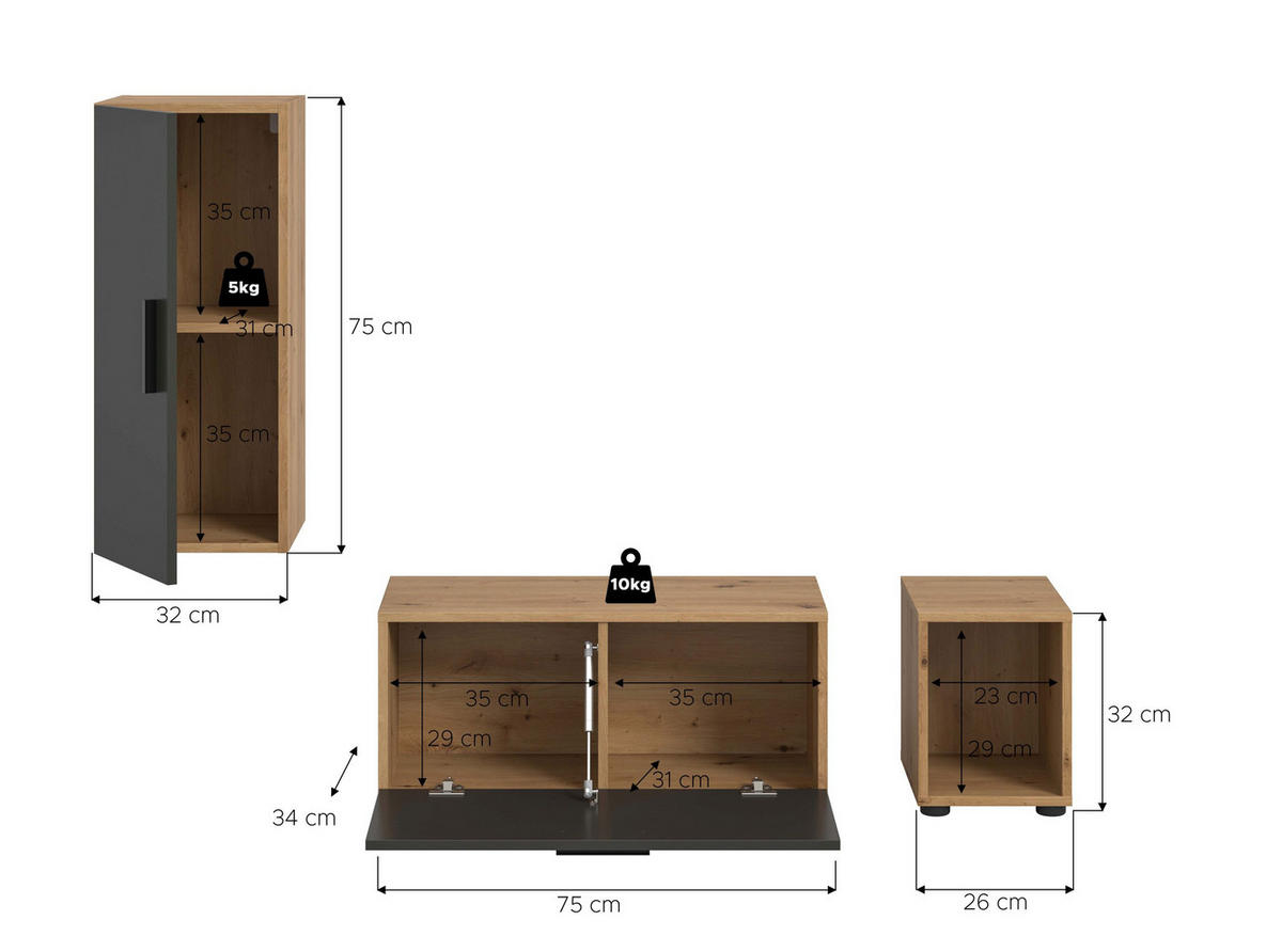 WOHNWAND The One Basalt grau 75/34/34 cm - Braun, Holzwerkstoff (75/34/34cm) - Xonox