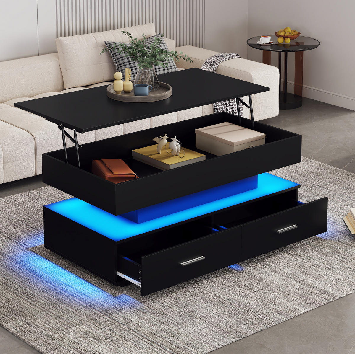 COUCHTISCH höhenverstellbar 100 x 50 x 44 cm Schwarz mit LED und 2 Schubladen - Schwarz, Holzwerkstoff (100/50/44cm) - Meubliv