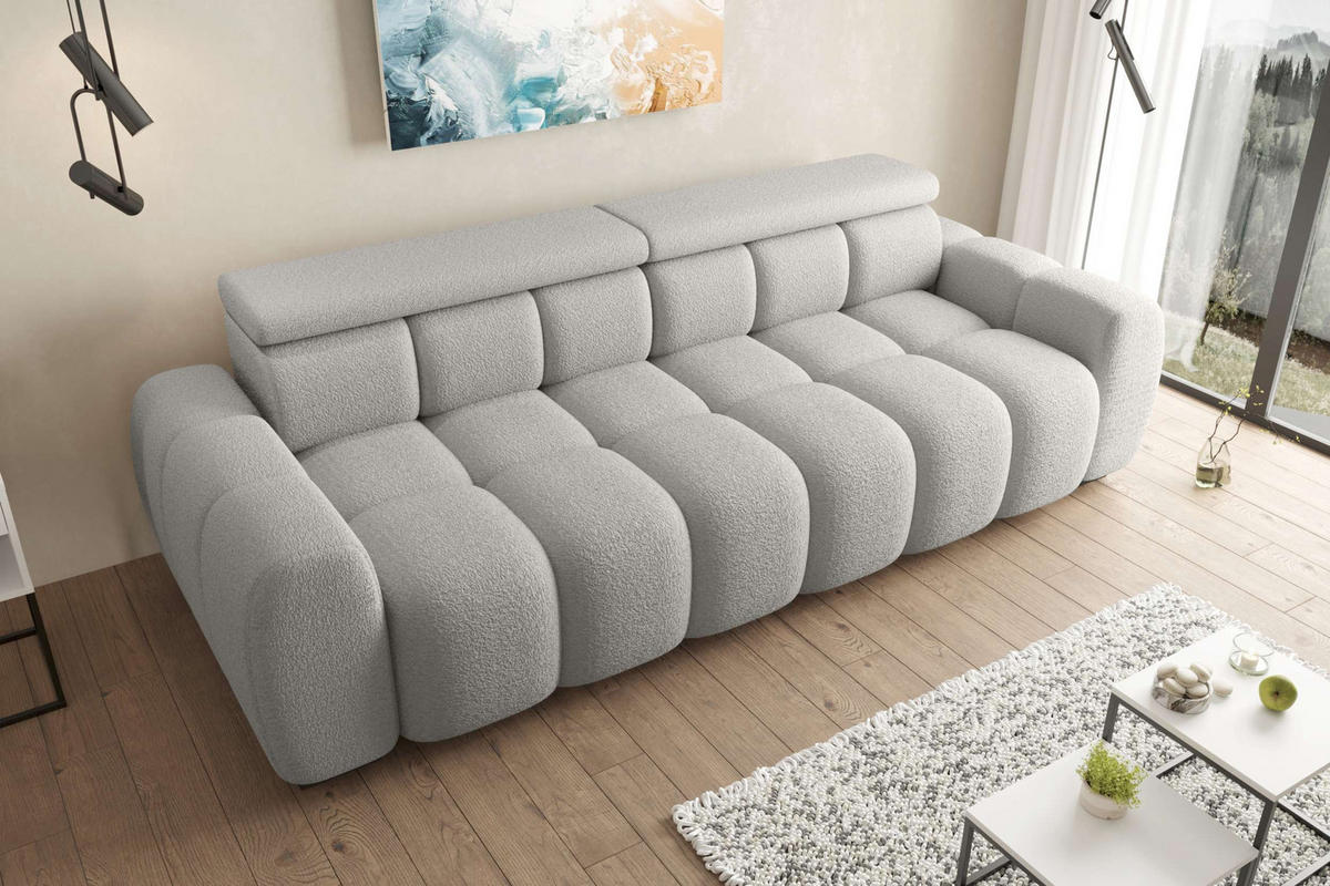 BIGSOFA ALESSIO Bouclé-Stoff Grau mit elektrischer Sitztiefenverstellung - Grau, Kunststoff/Textil (248/77/108cm) - 99rooms