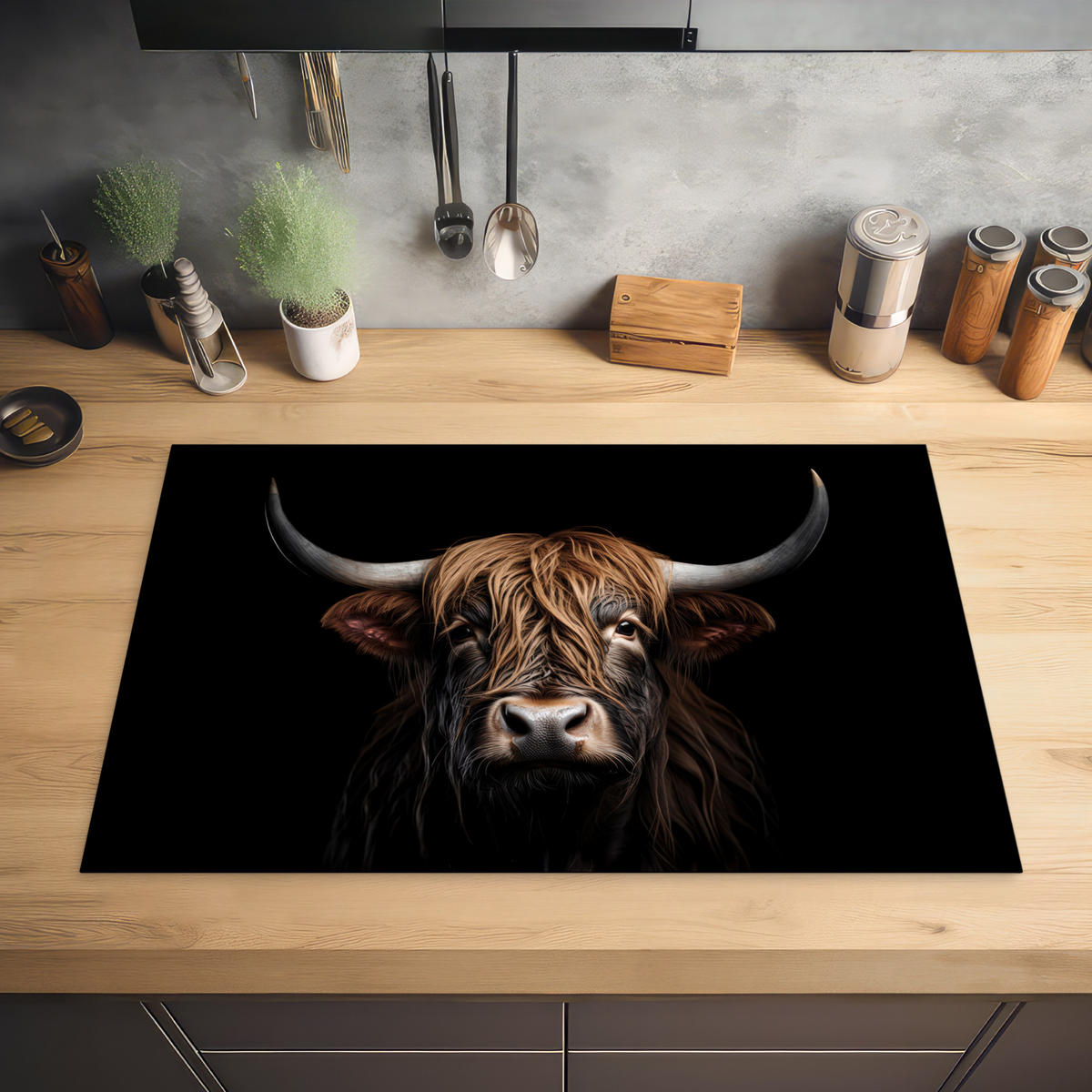 HERABDECKPLATTE - Schottischer Highlander - Porträt - Schwarz - Tier - 90x60 - Braun, Kunststoff (90/60/0.2cm) - MuchoWow