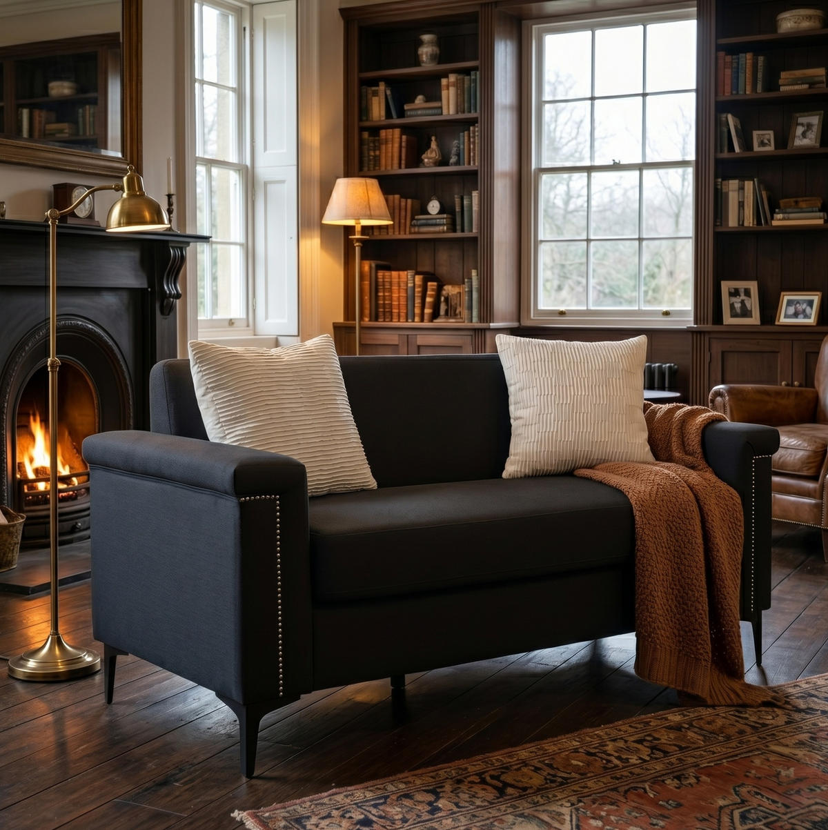 SOFA 2-Sitzer 172 x 72 x 82 cm Leinenstoff Schwarz - Schwarz, Holz (73.5/81.5/172cm) - Meubliv
