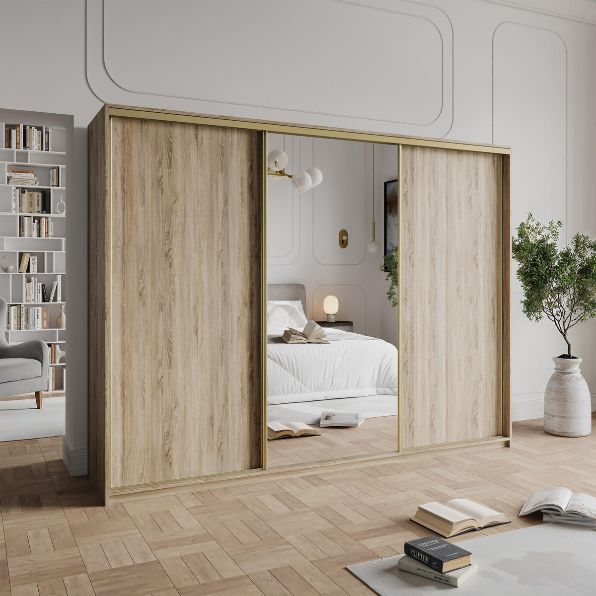 SCHWEBETÜRENSCHRANK TAVI 250/205/60 cm 3-türig mit Spiegel und Schubladen Sonoma Eiche - Goldfarben/Sonoma Eiche, Holzwerkstoff (250/205/60cm) - MASSENO