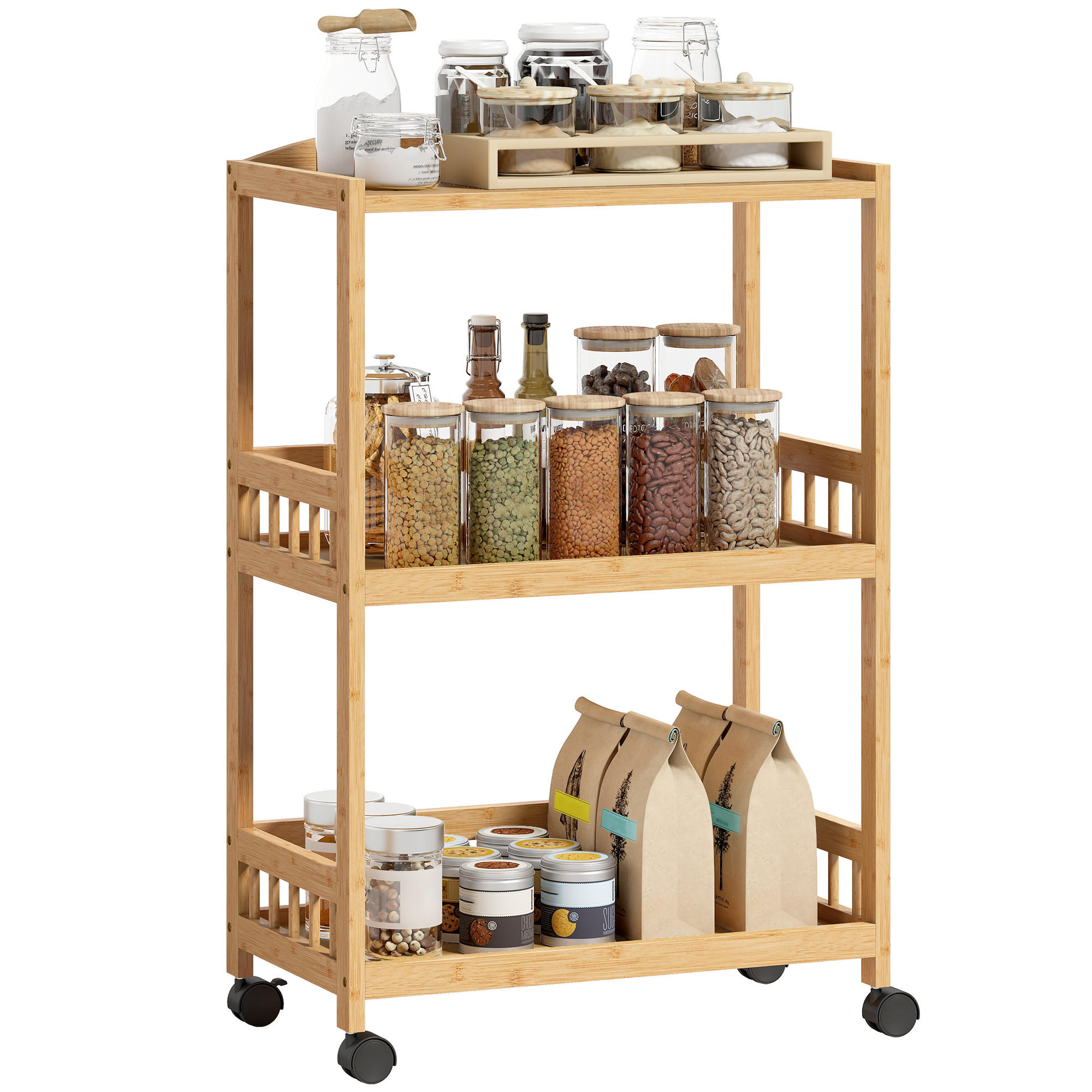 SERVIERWAGEN DE-17147 3 offene Ebenen aus Bambus Natur - Naturfarben, Naturmaterialien (30.5/83/53cm) - ComfortXL