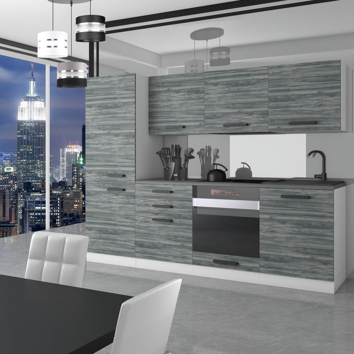 KÜCHENZEILE Sandy 240 cm, mit Arbeitsplatten, Glamour Wood - Grau, Holz (240/204/60cm) - B BELINI GROUP