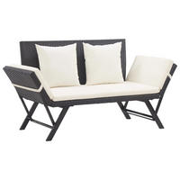 GARTENBANK mit verstellbar Armlehnen und Weiß Kissen, 130-176/70/80 cm, aus Poly Rattan, Schwarz - Creme/Schwarz, Kunststoff/Textil (176/80/70cm) - vidaXL