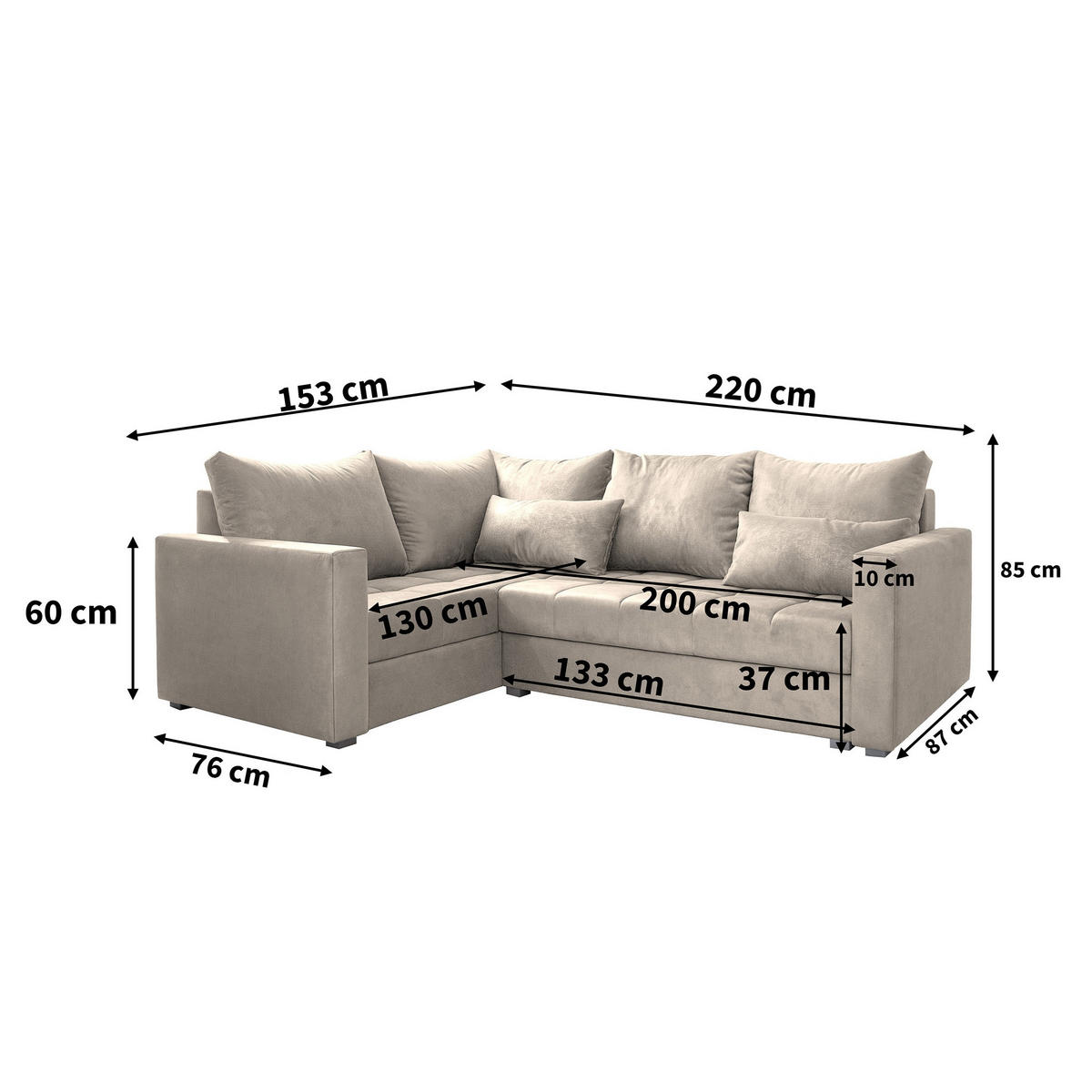 ECKSOFA LIRENO L-S Blau Plüsch-Stoff mit Schlaffunktion - Blau, Holz (220/153cm) - MASSENO