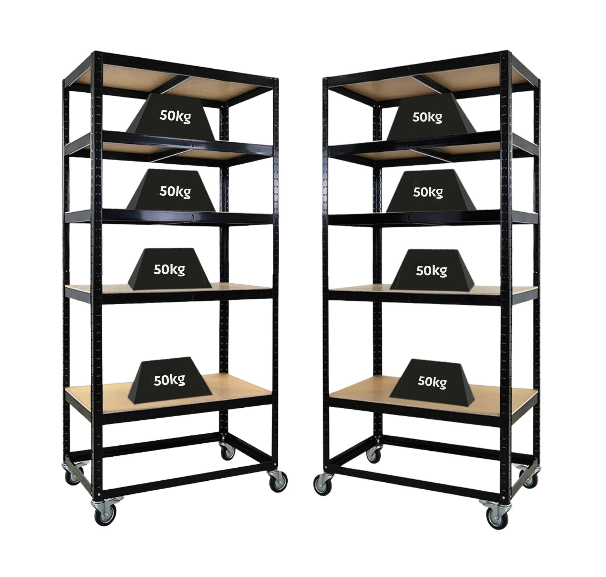 KOMMISSIONIERWAGEN 2er Set BÜFFEL 190x90x50cm 5 Ebenen Fachlast 50kg 2X Lenkrollen & 2X Lenkrollen mit Feststellbremse Schwarz - Schwarz, Metall (180/190/50cm) - PROREGAL