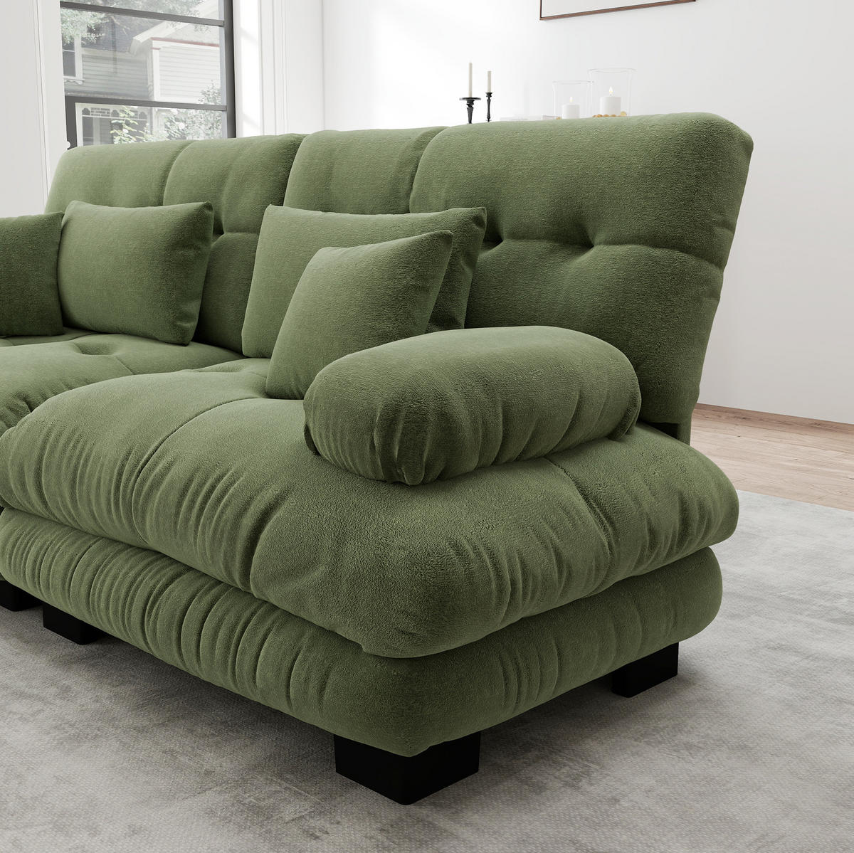 SOFA modular Chenille Green mit 2 Ottomans und 4 Kissen - Grün, Kunststoff (145/81/220.1cm) - Meubliv