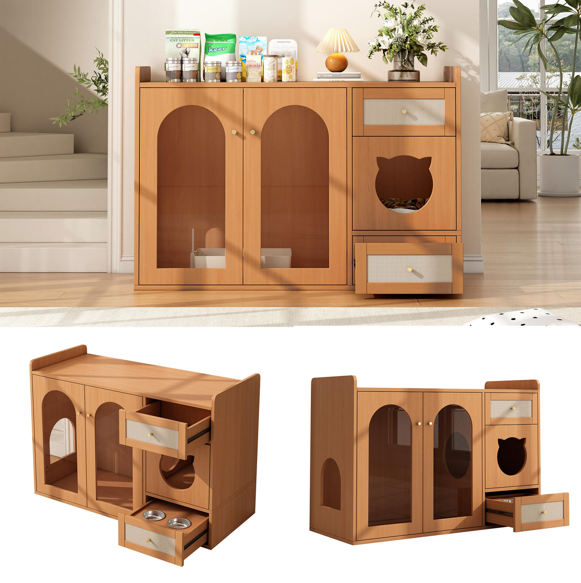 SIDEBOARD 120/45/76 cm Nussbaumfarben aus Holzwerkstoff und Glas mit Futternapf-Schublade - Walnussfarben, Holzwerkstoff (45/83/120cm) - OKMYHOME