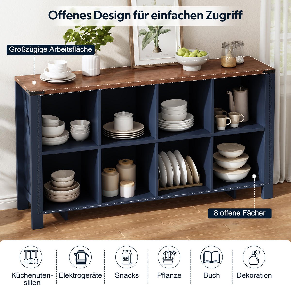 SIDEBOARD DE-38761 140/34/75 cm 8 Staufächer Blau/Holzoptik - Blau, Holzwerkstoff (140/75/34cm) - ComfortXL