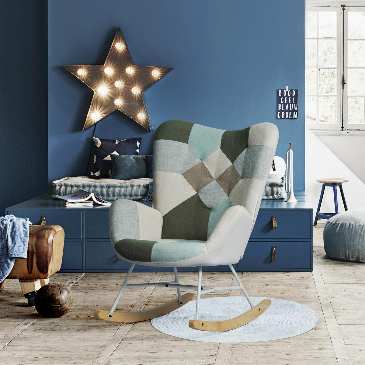 SCHAUKELSTUHL, Stoff Patchwork, Blau-Grau-Grün - Multicolor, Holz/Metall (53/98/85cm) - Meubles Cosy