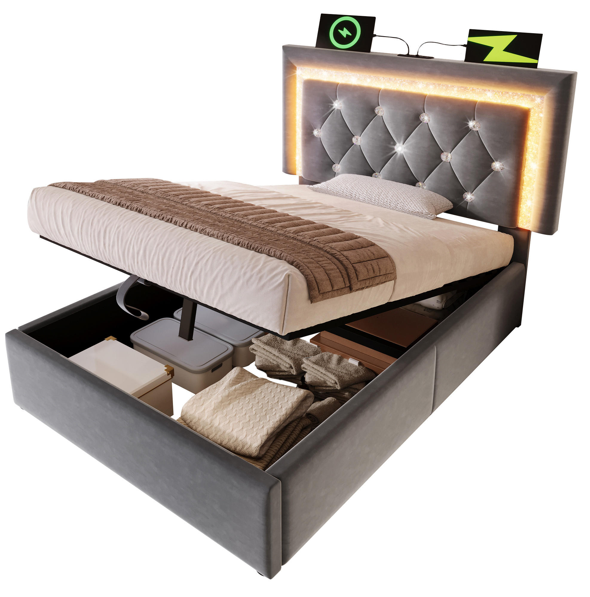 POLSTERBETT 90/200 cm Grau aus Samt mit LED und Bettkasten - Grau, Textil (90/200cm) - OKMYHOME