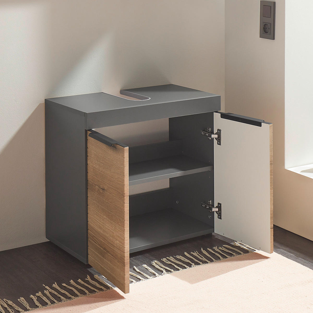 WASCHBECKENUNTERSCHRANK - Eichefarben/Graphitfarben, Holzwerkstoff (60/61/35cm) - home24