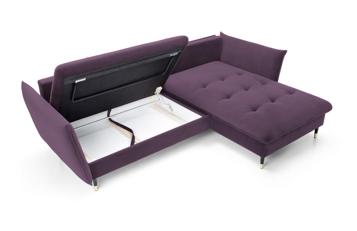 ECKSOFA GLAM mit Schlaffunktion, Ottomane & goldenen Füßen – Samtsofa im Glamour-Stil mit Zierkissen, 258x167x91 cm, rechte, lila​ - Lila, Holz/Textil (258/167cm) - DomoHome
