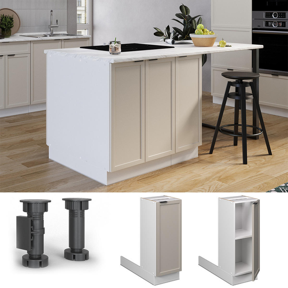 KÜCHENINSEL Fame-Line GrauBeige 30 cm ohne AP - Weiß/Grau, Holzwerkstoff (30/82/70cm) - Vicco