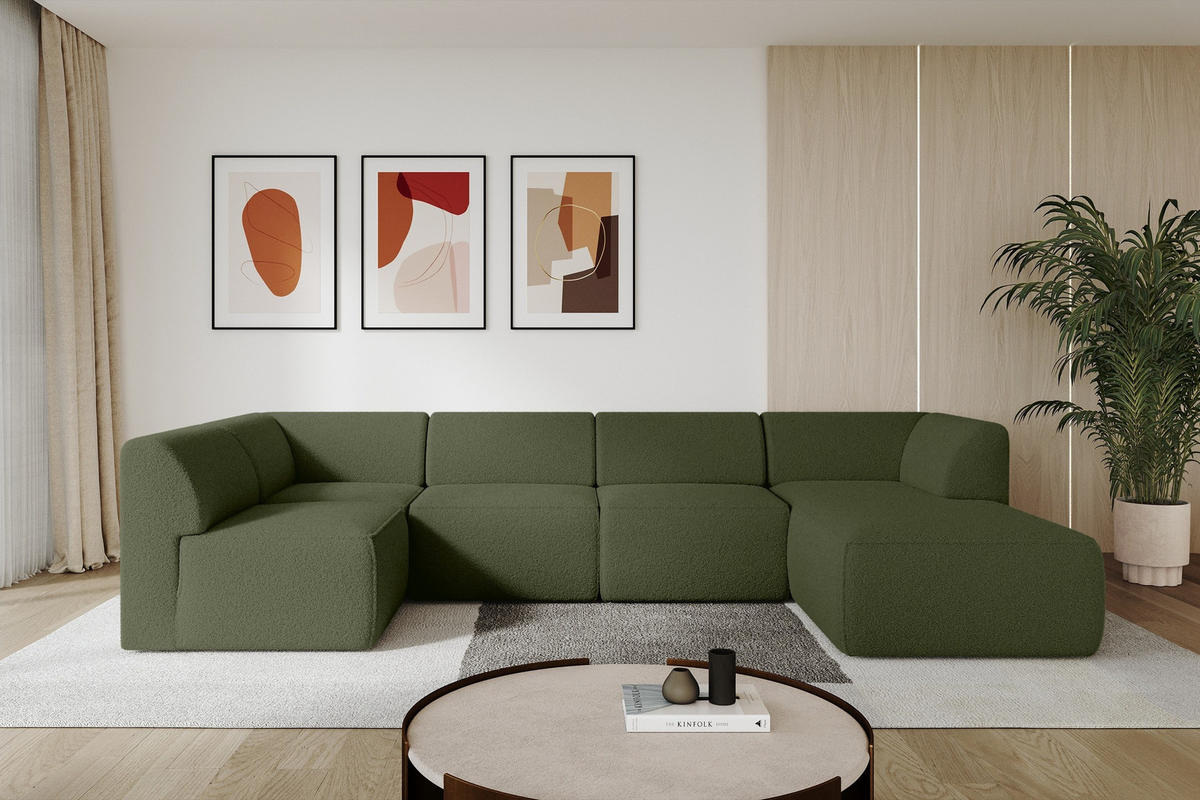 WOHNLANDSCHAFT Ottomane Rechts MOVO-L 345x180x78 cm Grün Bouclé - Schwarz/Grün, Holzwerkstoff/Kunststoff (345/78/180cm) - ALTDECOR