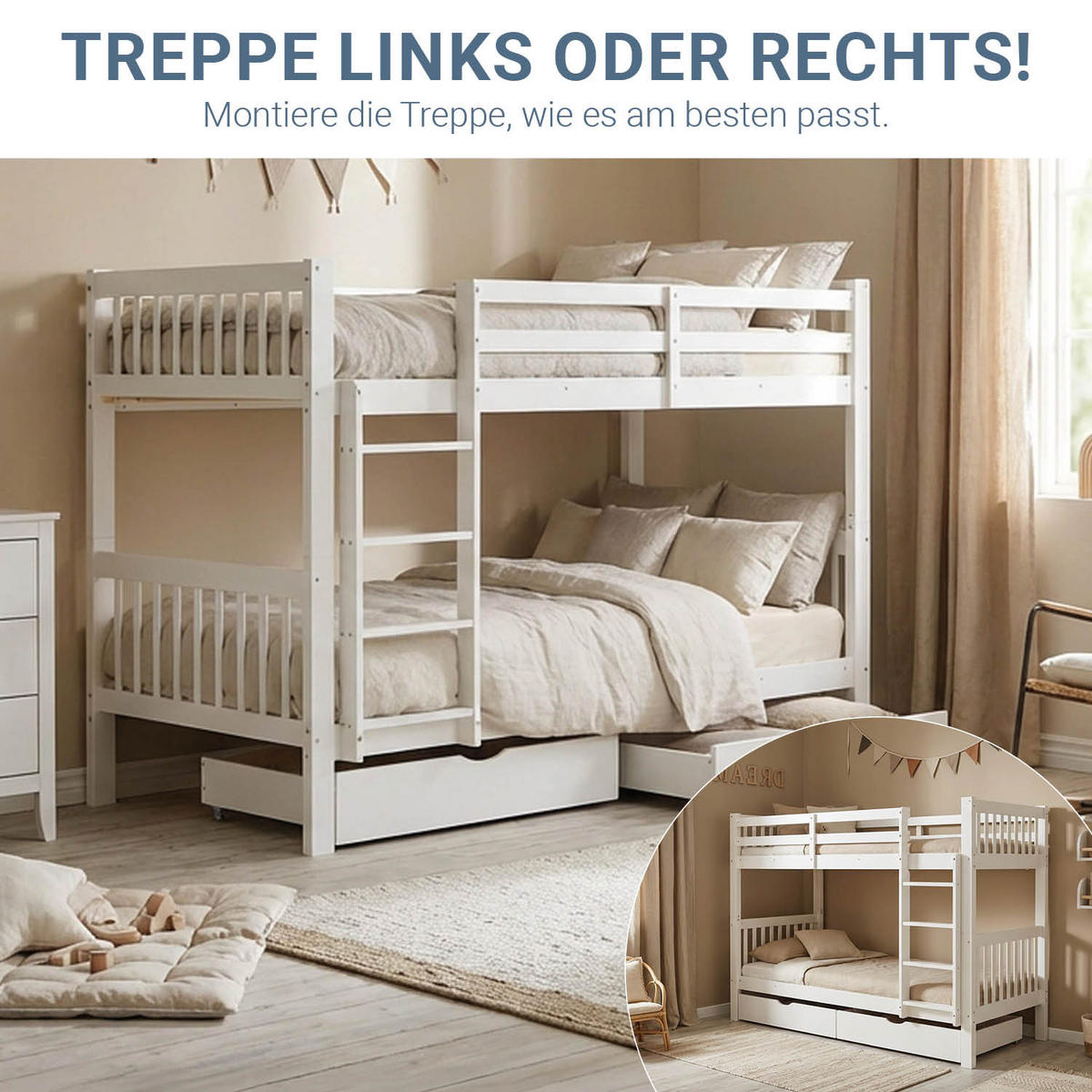 ETAGENBETT mit Bettkästen 90/200 cm Weiß - Weiß, Holz (90/200cm) - Homestyle4u