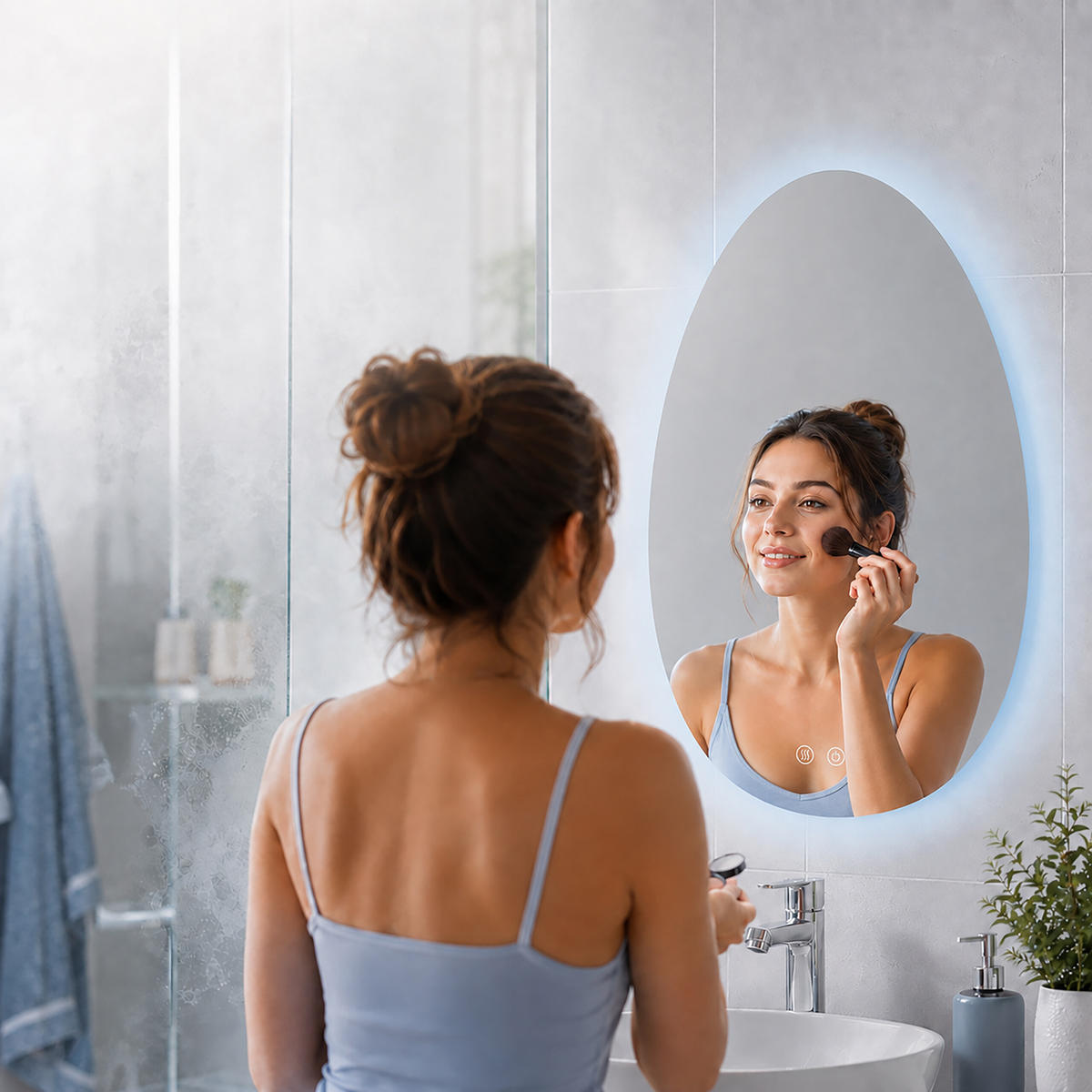 ZRCADLO stříbrné koupelnové LED proti zamlžení dotykové 75x52 cm - průhledná, textil/plast (52/75/3cm) - Relaxdays