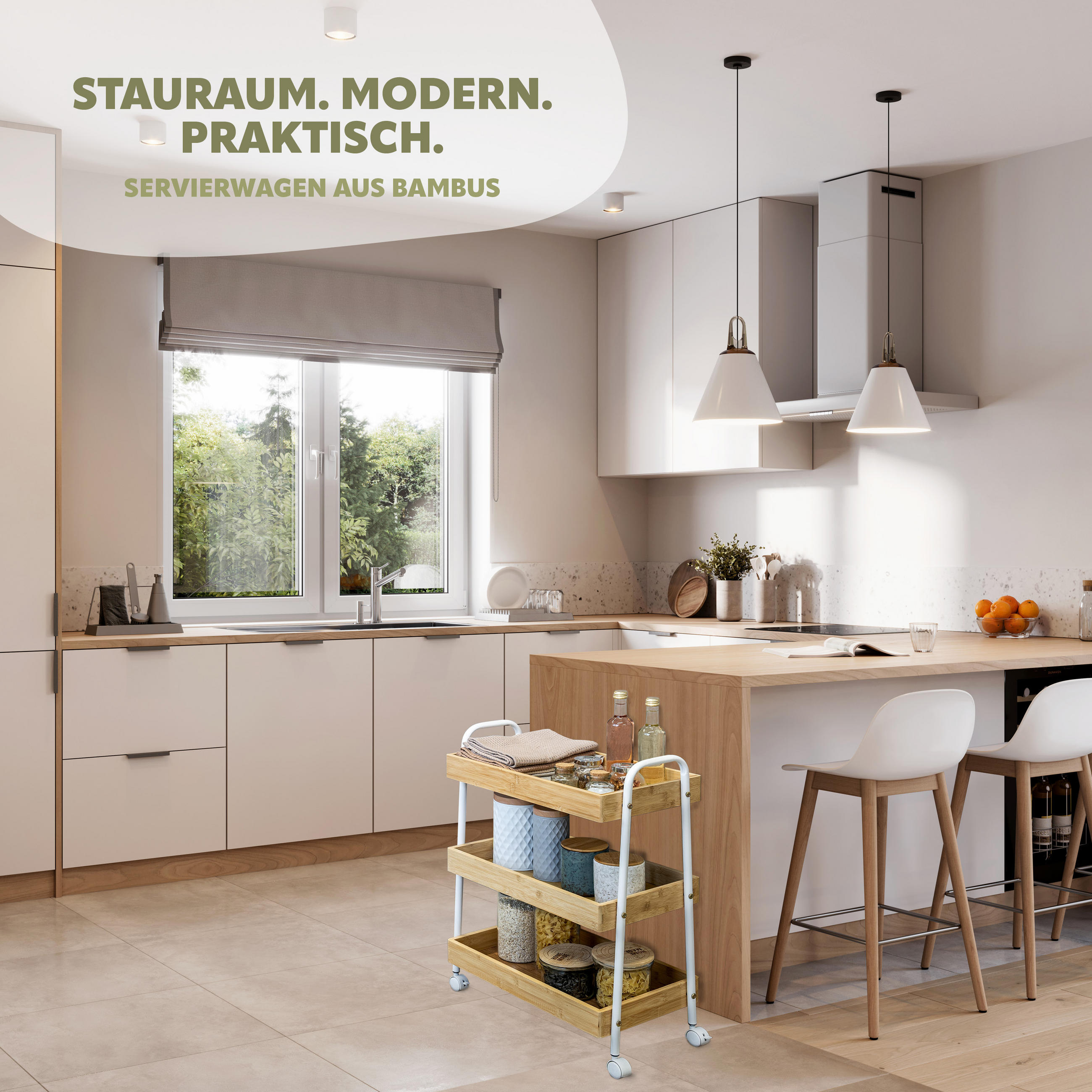 Thumbnail - eluno Küchenrollwagen,, Weiß, Holz, 50x69.5x28 cm, Esszimmer, Servierwagen