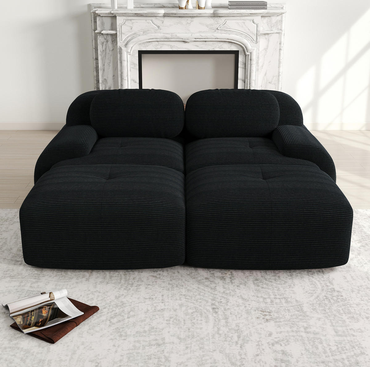 SOFA 208/178/70 cm in Schwarz aus Cord mit rutschfester Unterseite - Schwarz, Textil (178/70/208cm) - Flora Grace