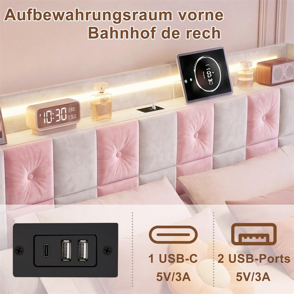 POLSTERBETT 140x200 cm - mit LED-Beleuchtung&USB-Ladefunktion und 4 Schubladen - ohne Matratze - Weiß-Rosa - Pink, Textil (140/200cm) - DELFA