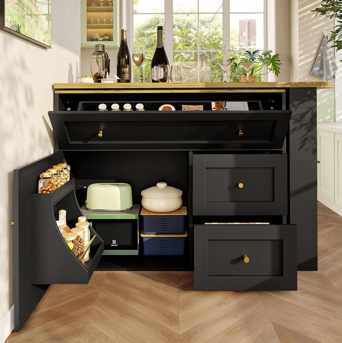 BARTISCH 138-204/39/105 cm in Schwarz mit Stauraum und drehbarer Tischplatte - Schwarz, Holzwerkstoff (39/204/105cm) - BEAOK