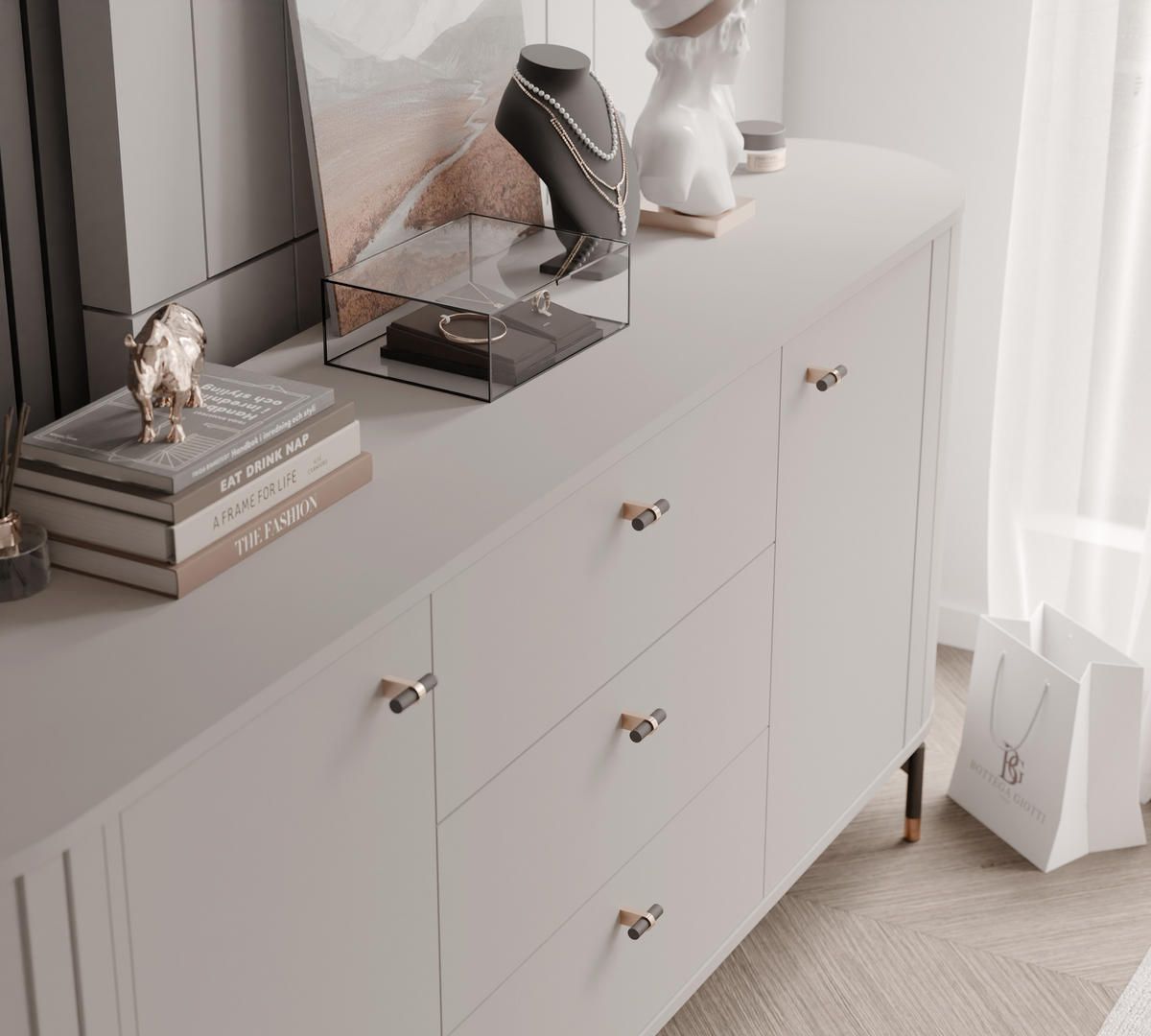 KOMMODE geriffelt, mit drei Schubladen, Kaschmir - Kaschmir, Holzwerkstoff (190/81/40cm) - Idohome
