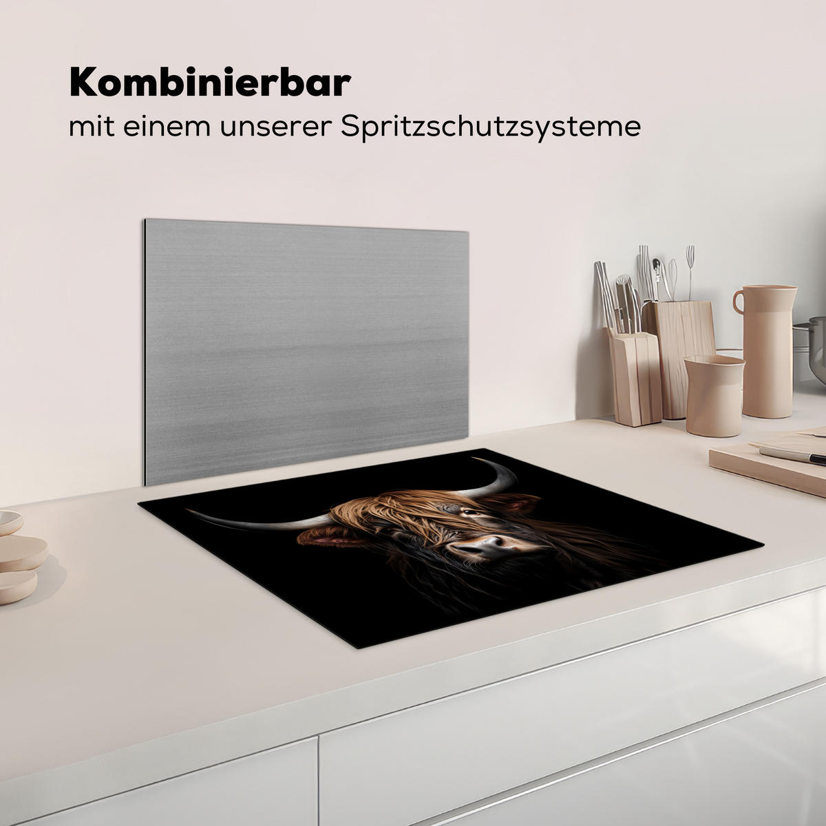 KRYT NA INDUKČNÍ DESKU Skotský horal - Portrét - Černá - Zvíře 65x52 cm - hnědá, plast (65/52/0.2cm) - MuchoWow