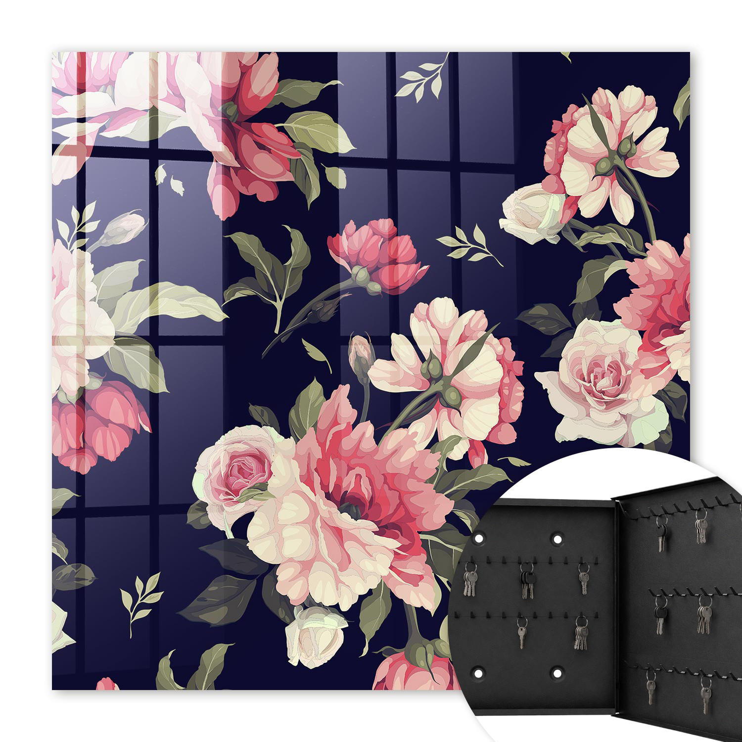 SCHLÜSSELBOX Schwarz 30x30 cm- Türöffnung nach rechts - Romantische Blumen - Dunkelblau, Metall (30/30/5cm) - TULUP