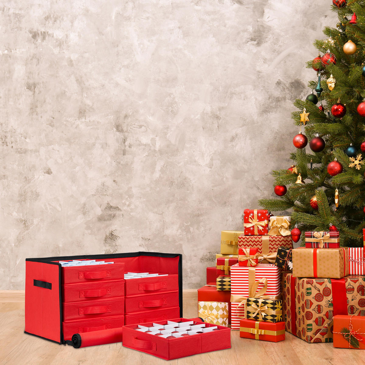WEIHNACHTSKUGEL-AUFBEWAHRUNGSBOX - Rot, Wellpappe/Textil (62/30.5/30.5cm) - Relaxdays