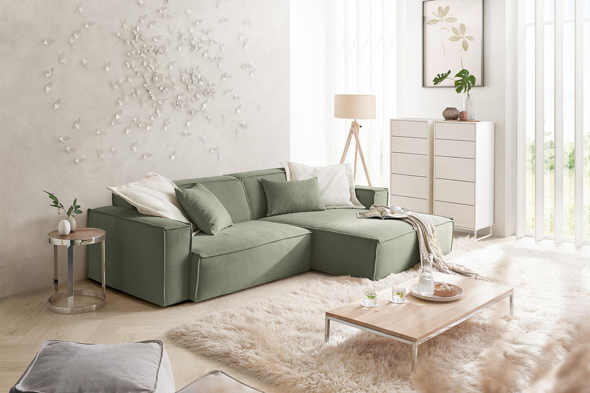 ECKSOFA SAMU Hellgrün Cord - Schwarz/Hellgrün, Textil (276/168cm) - KAWOLA
