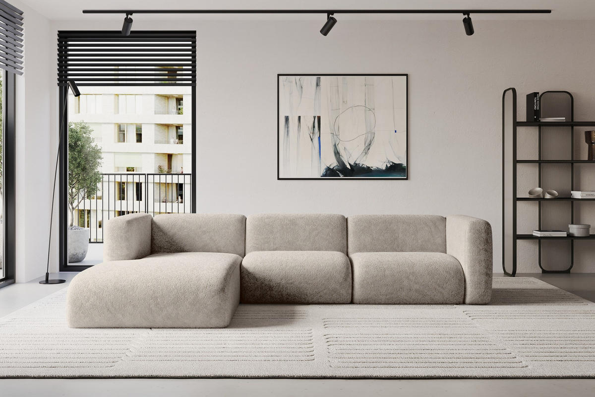 ECKSOFA Ottomane Links MIRA-L2 318x179x89 Beige Velours - Beige/Schwarz, Holzwerkstoff/Kunststoff (318/179cm) - ALTDECOR