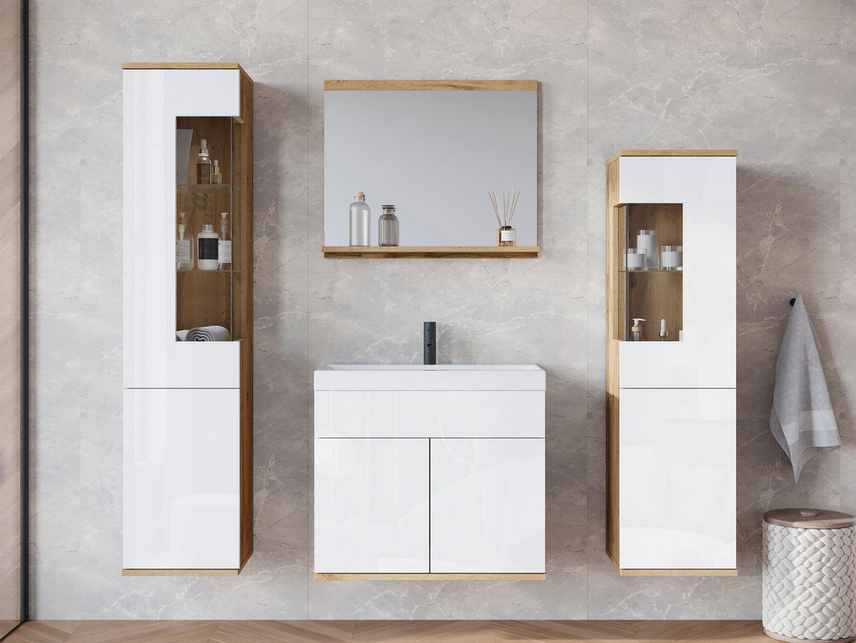 BADMÖBEL-SET Nairobi - Weiß Hochglanz/Eiche Wotan, Holzwerkstoff (31/133/31cm) - MIRJAN24