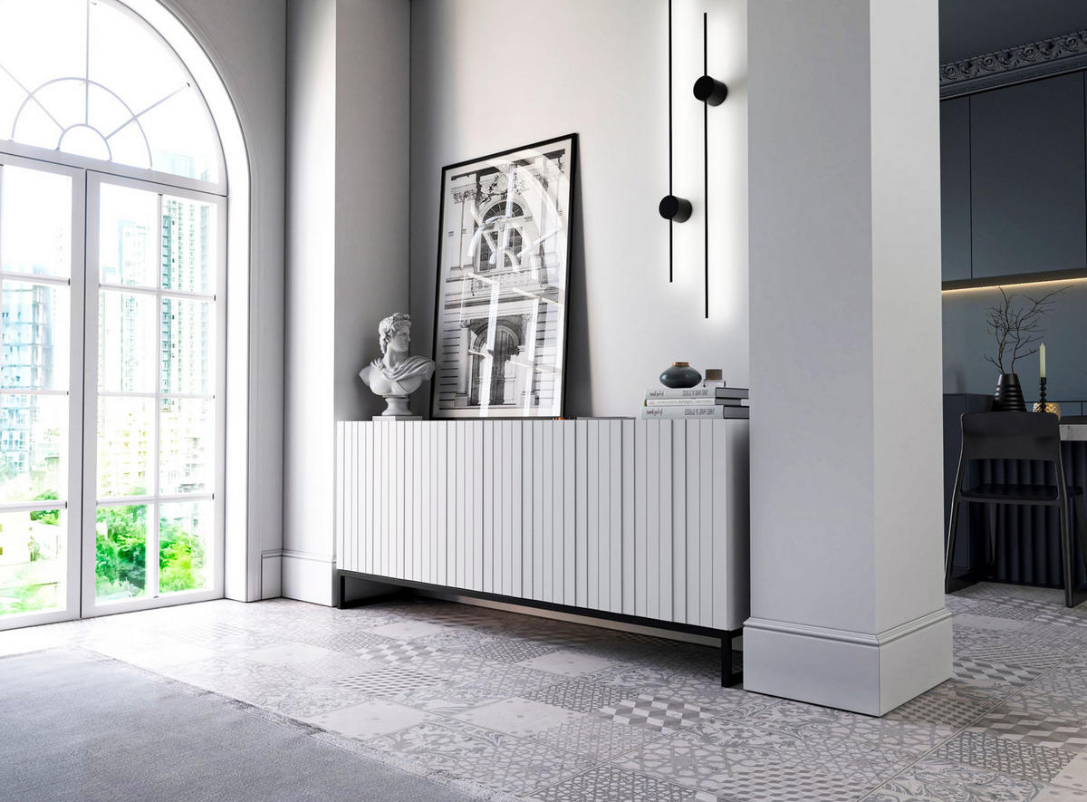 KOMMODE Elpis 3D Weiß Matt mit metallrahmen Glamour 168 cm - Schwarz/Weiß, Holzwerkstoff/Metall (168/72/36.5cm) - Meble Lindner