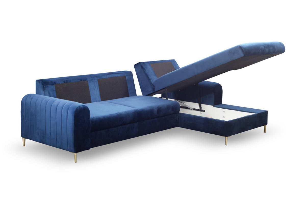 ECKSOFA VERONA R-S Blau Velours-Stoff mit Schlaffunktion - Blau, Holz (251/164cm) - MASSENO