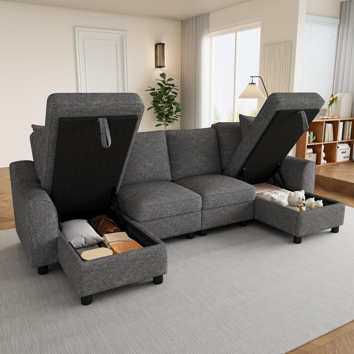WOHNLANDSCHAFT 280/137/84 cm Grau mit 2 Chaiselongues als Ecksofa und aufklappbarem Stauraum - Grau, Textil (137/84/280cm) - Oxeza