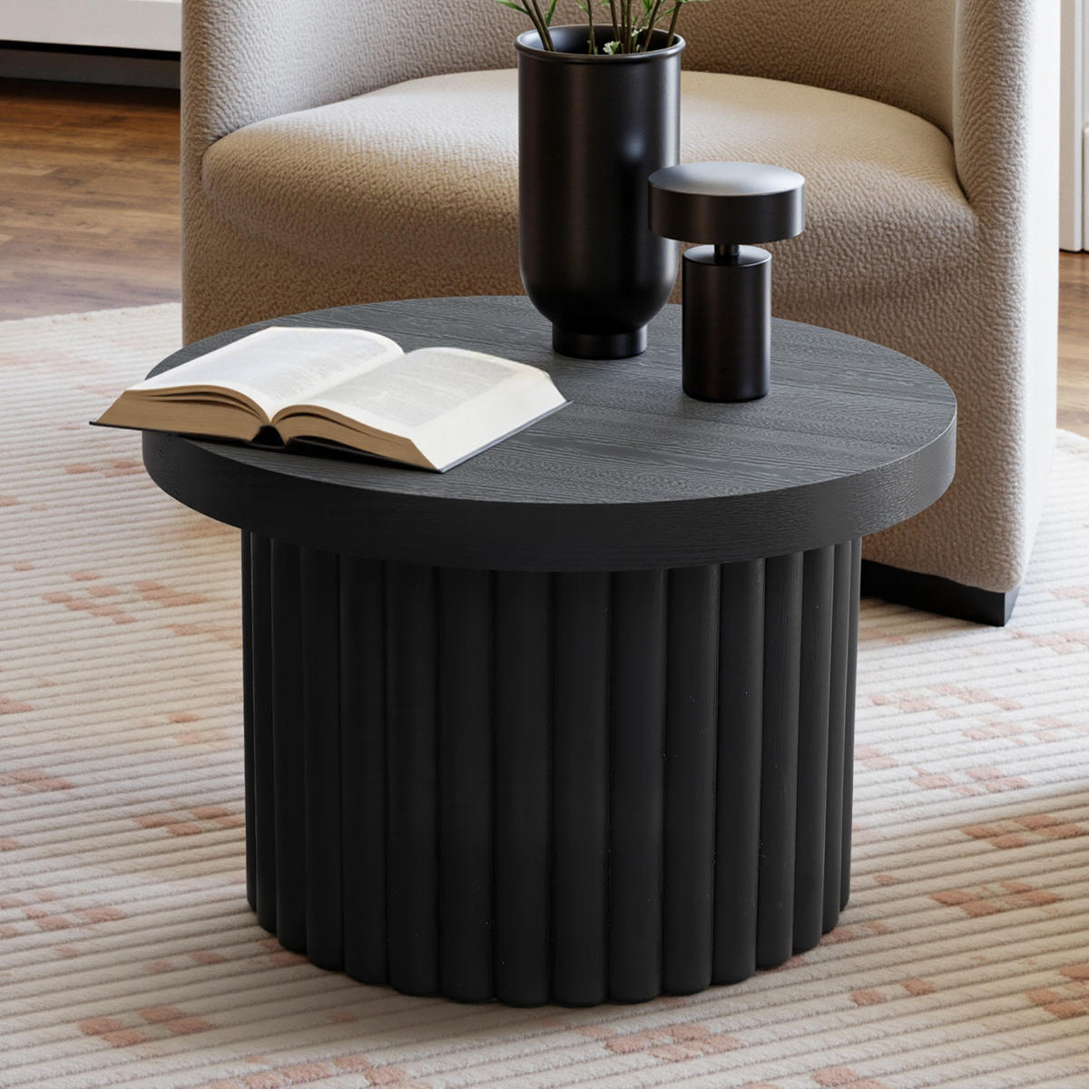 COUCHTISCH Rund, Schwarz aus MDF mit PU-Holzdessin | Ø60 x H40 cm - Schwarz, Holz (60/60/40cm) - Hometopia