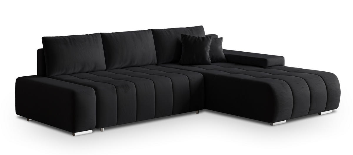 ECKSOFA ALESE R-S Schwarz Velours-Stoff mit Schlaffunktion - Schwarz, Holz (265/185cm) - MASSENO