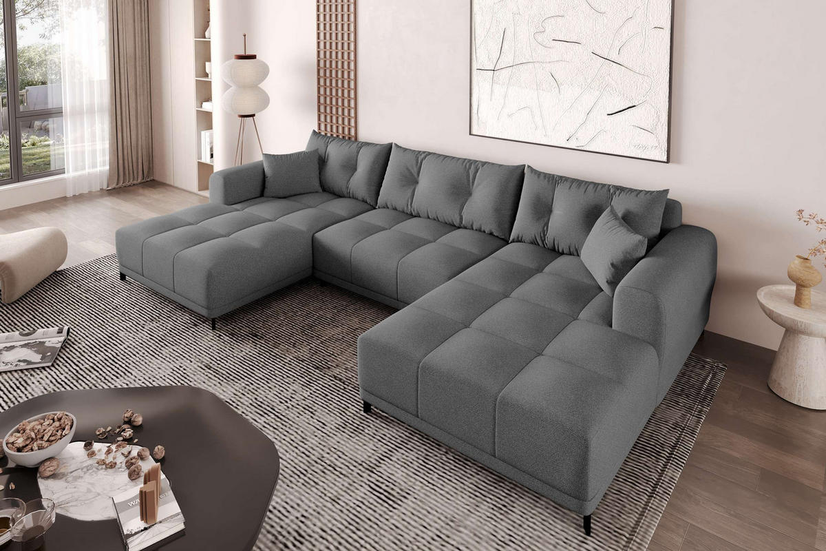 WOHNLANDSCHAFT Strukturstoff Anthrazit inkl. Schlaffunktion - Anthrazit/Schwarz, Textil/Metall (348/94/181cm) - 99rooms