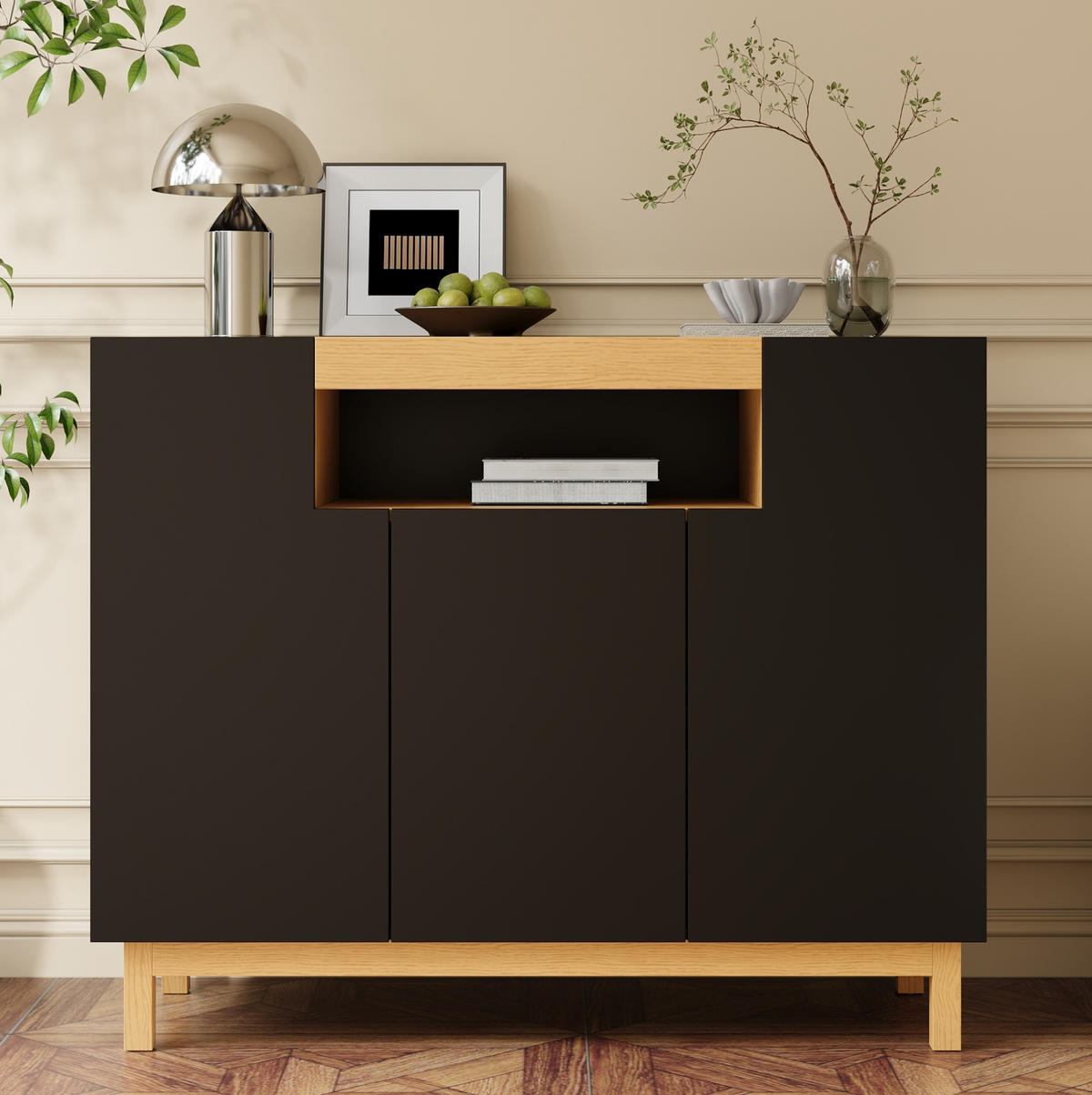 SIDEBOARD 120,5/42/96 cm in Schwarz mit 3 Türen und offenem Fach - Schwarz, Holzwerkstoff (120.5/96/42cm) - Flora Grace