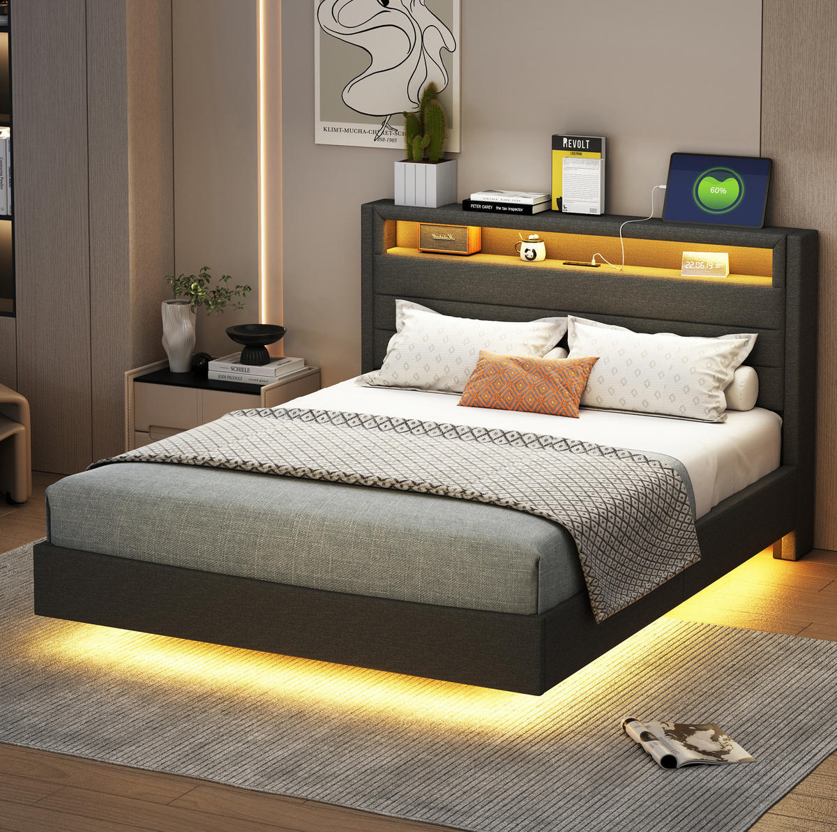 BETT mit USB, LED und Stauraum 140x200 cm Stoff Grau - Grau, Metall (140/200cm) - Meubliv