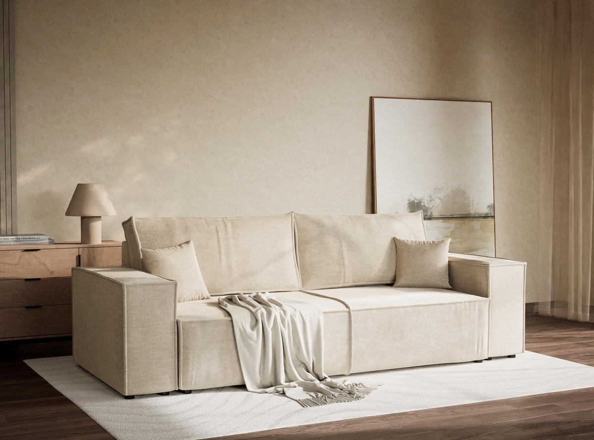 SOFA MIT SCHLAFFUNKTION Milos Beige Chenille-Stoff - Beige/Schwarz, Holz/Holzwerkstoff (255/70/105cm) - Maison de Reve