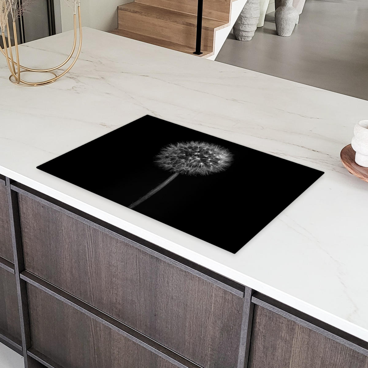 HERDABDECKPLATTE Löwenzahn - Schwarz - Floral - Botanisch 81x52 cm - Grau, Kunststoff (81/0.2/52cm) - MuchoWow
